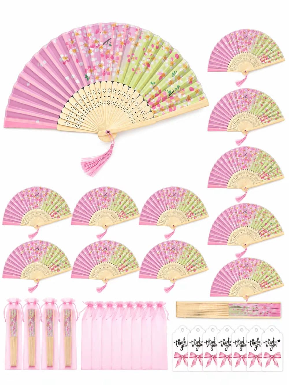 Pink and Green Floral Folding Fan Favors