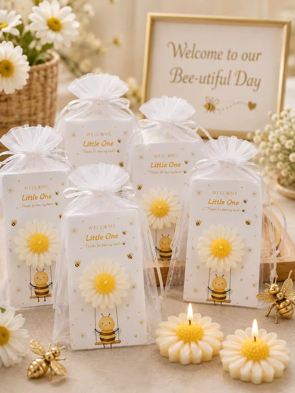 Bee Daisy Candle Baby Favor Set